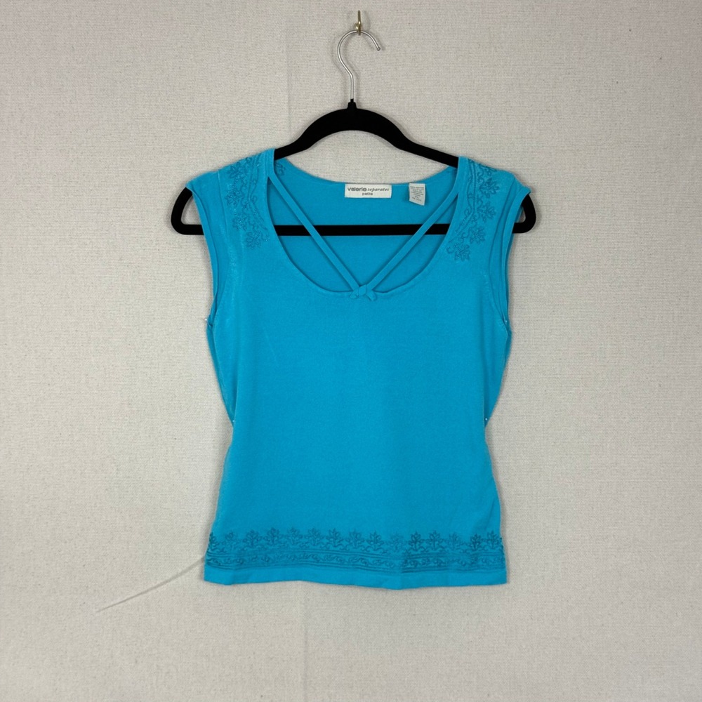 Vintage Valerie Separate Turquoise Blue Beaded Embroidered Knit Top Petite Large